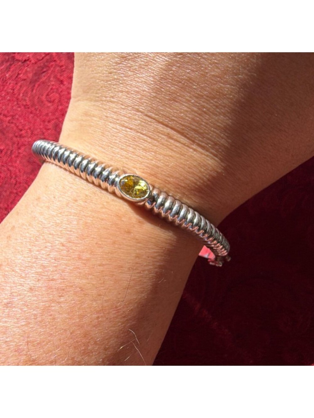 Vintage Sterling Silver 925 Yellow Citrine Ribbed Cuff Bangle Bracelet FGS 7"